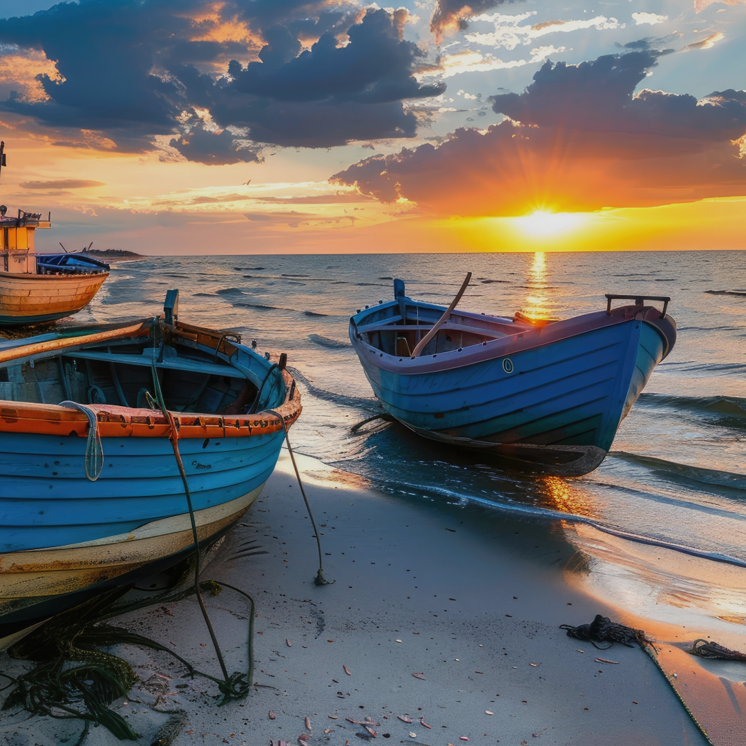 Strand mit Ruderbooten bei Sonnenuntergang an der Ostsee