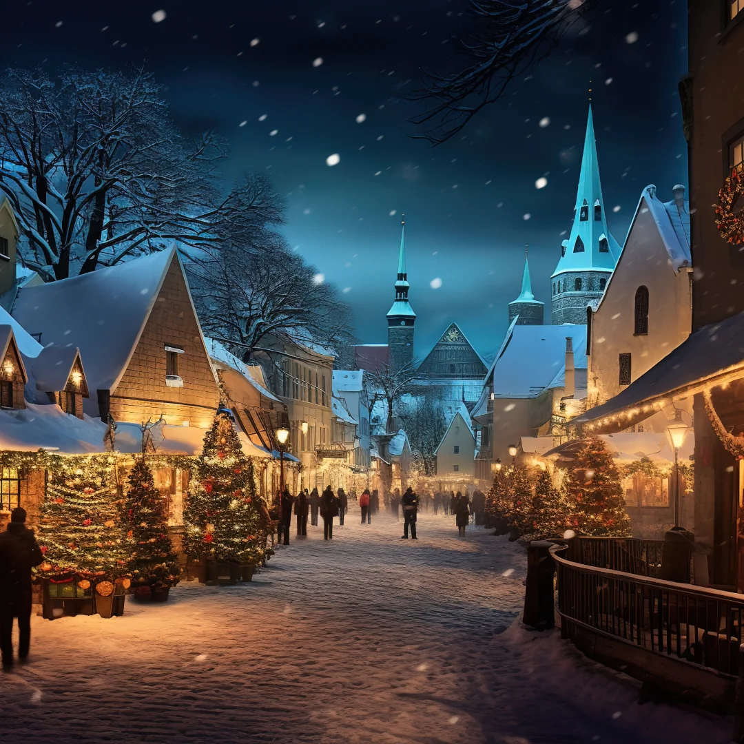 Weihnachtsmarkt an der Ostsee am Abend, verschneite Altstadt mit beleuchteten Tannen